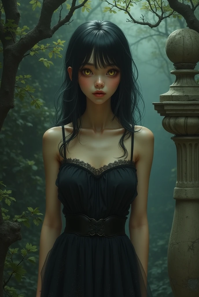 full length view, girl in a dark garden, portrait, statue, marble, tanned skin, soft tones, glossy skin, dark, horror, professional makeup, anime style, very thin lines, comfortable lines, rough shading, line art, rough, dirty, big eyes, reflective eyes, perfect eyes, whole body. Sandy realism, glowing eyes, anime style, intricate detail, fantasy, concept art, digital art, intricate, oil on canvas, masterpiece, expert, insanely detailed, 4k resolution, illustrations for fairy tales, fantasy