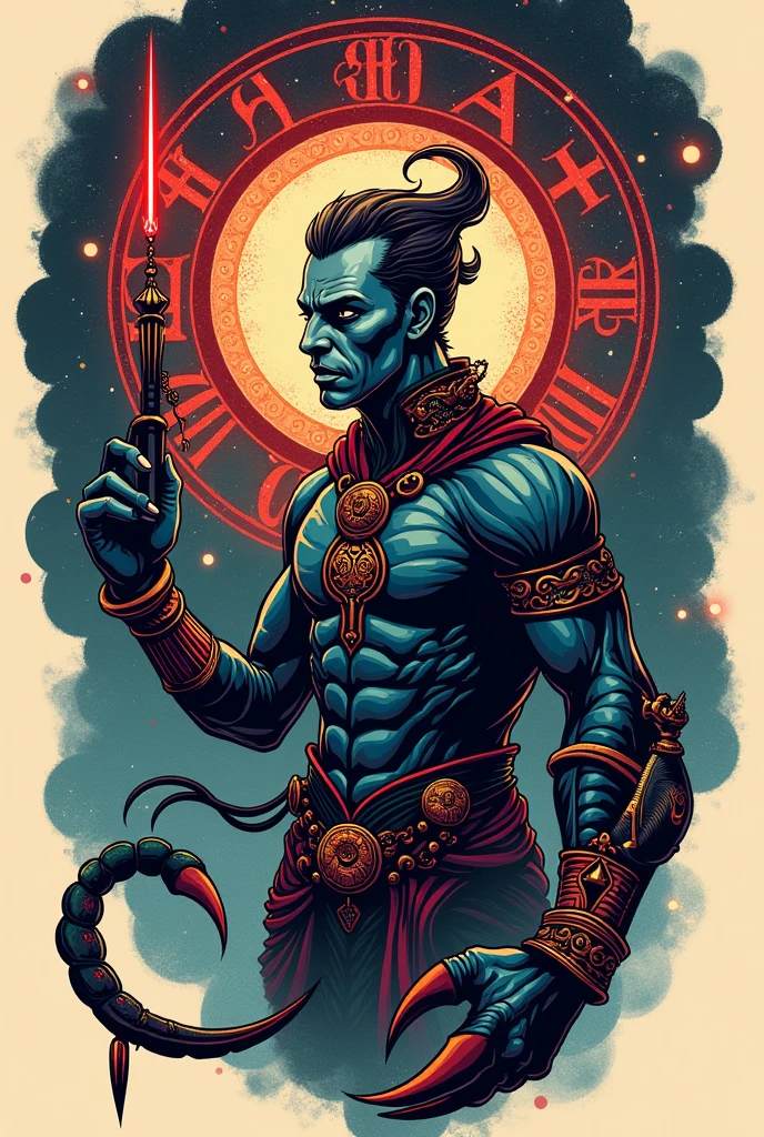 Create a tattoo image with the scorpion Milo holding the power of the scarlet needle on his finger with a smile on the corner of his mouth. Behind him the galaxy with the symbol of the wheel of signs, highlighting the scorpion 
