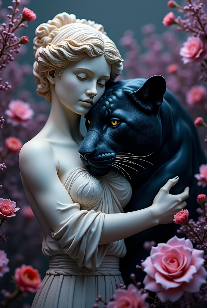 Create a surreal and artistic composition with a classical statue and a black jaguar with a lustrous coat and vivid gaze. The statue, with intricate carvings and an elegant face, drapes its arm over the jaguar's head which is parallel to the viewer. Surround the figure with lush, vibrant flowers and foliage, incorporating a mix of deep purples and soft pinks. Include a Betta fish swimming gracefully nearby, adding a touch of whimsy and contrast. The overall ambiance should evoke a mix of ancient mythology and modern fantasy, with a richly textured background to enhance the dreamlike atmosphere.