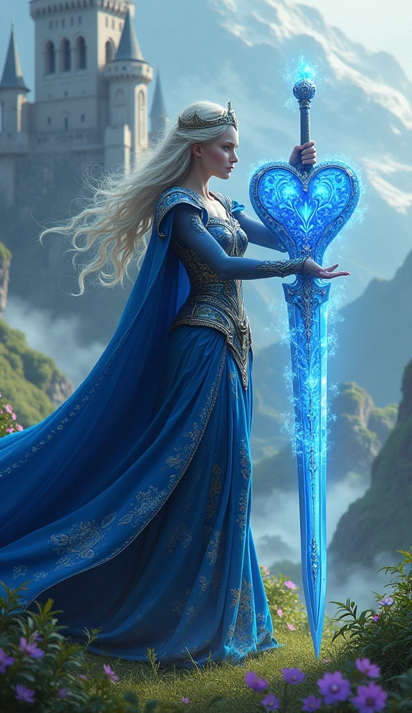 Imagine a majestic queen with blue eyes. It stands against the backdrop of a magnificent kingdom with a castle and towers., surrounded by green hills and blooming gardens. In one hand, the queen holds a sword with exquisite blue patterns., sparkling on the blade. And in her other hand she holds a heart., from which a blue flame emanates, symbolizing strength and courage.