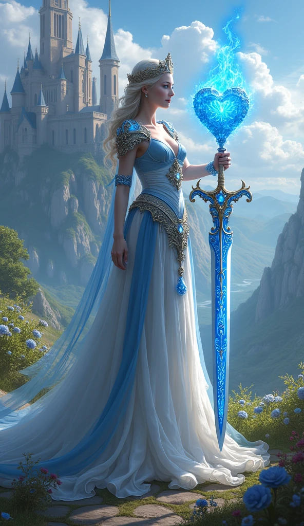 Imagine a majestic queen with blue eyes. It stands against the backdrop of a magnificent kingdom with a castle and towers., surrounded by green hills and blooming gardens. In one hand, the queen holds a sword with exquisite blue patterns., sparkling on the blade. And in her other hand she holds a heart., from which a blue flame emanates, symbolizing strength and courage.

 