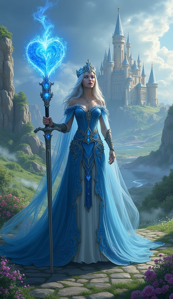 Imagine a majestic queen with blue eyes. It stands against the backdrop of a magnificent kingdom with a castle and towers., surrounded by green hills and blooming gardens. In one hand, the queen holds a sword with exquisite blue patterns., sparkling on the blade. And in her other hand she holds a heart., from which a blue flame emanates, symbolizing strength and courage.