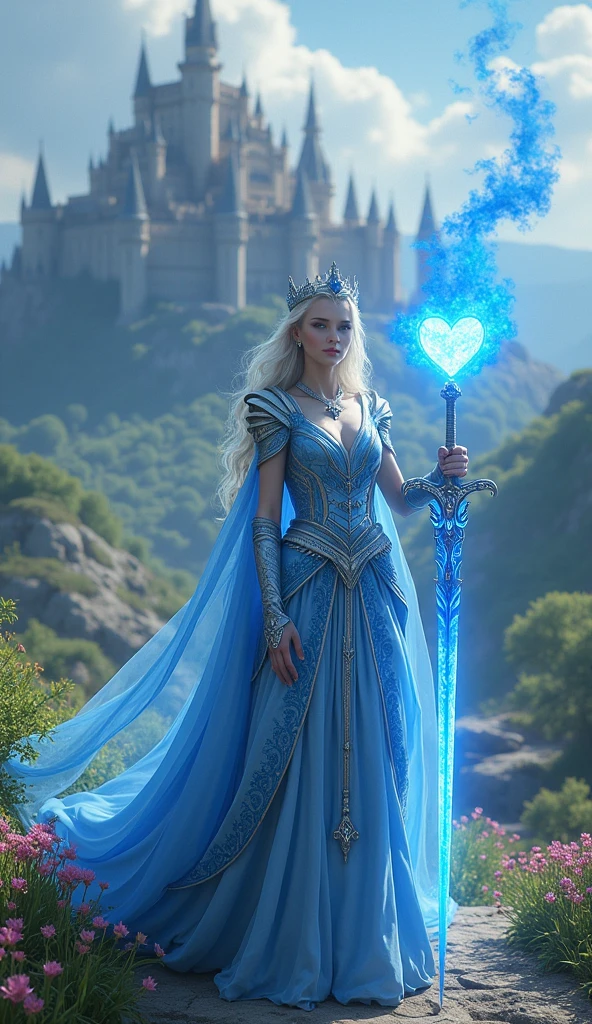 Imagine a majestic queen with blue eyes. It stands against the backdrop of a magnificent kingdom with a castle and towers., surrounded by green hills and blooming gardens. In one hand, the queen holds a sword with exquisite blue patterns., sparkling on the blade. And in her other hand she holds a heart., from which a blue flame emanates, symbolizing strength and courage.