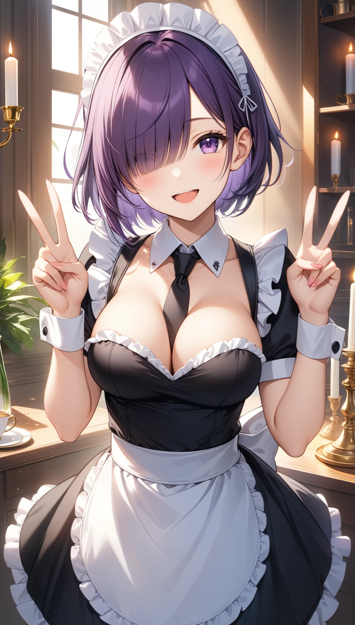 1girl, solo, breasts, looking at viewer, blush, smile, short hair, open mouth, bangs, dress, cleavage, medium breasts, purple eyes, purple hair, short sleeves, :d, frills, necktie, puffy sleeves, indoors, mole, hair over one eye, apron, black dress, puffy short sleeves, wrist cuffs, maid, hands up, maid headdress, v, detached collar, between breasts, white apron, black necktie, maid apron, double v, candle, ((32k)), ((best quality)), ((ultra high res)), ((HDR)), ((UHD)), ((extremely detailed CG)), ((unity 32k wallpaper)), 