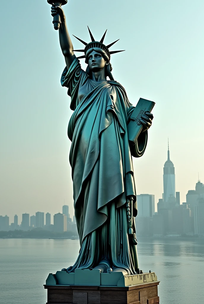 "Imagine the Statue of Liberty reimagined as a colossal, high-tech robot sentinel. Her iconic torch is now an advanced energy cannon, glowing with intense power, and her crown is equipped with sensors and antennas that connect her to a global network. The statue's body is covered in futuristic armor, with visible circuits and wires running along her metallic frame. Her face is a blend of human and robotic features, symbolizing the fusion of freedom and technology. She stands on Liberty Island, her robotic form towering over the water, with the city’s skyline in the distance, reflecting her metallic sheen." (Size: 1024x1024)