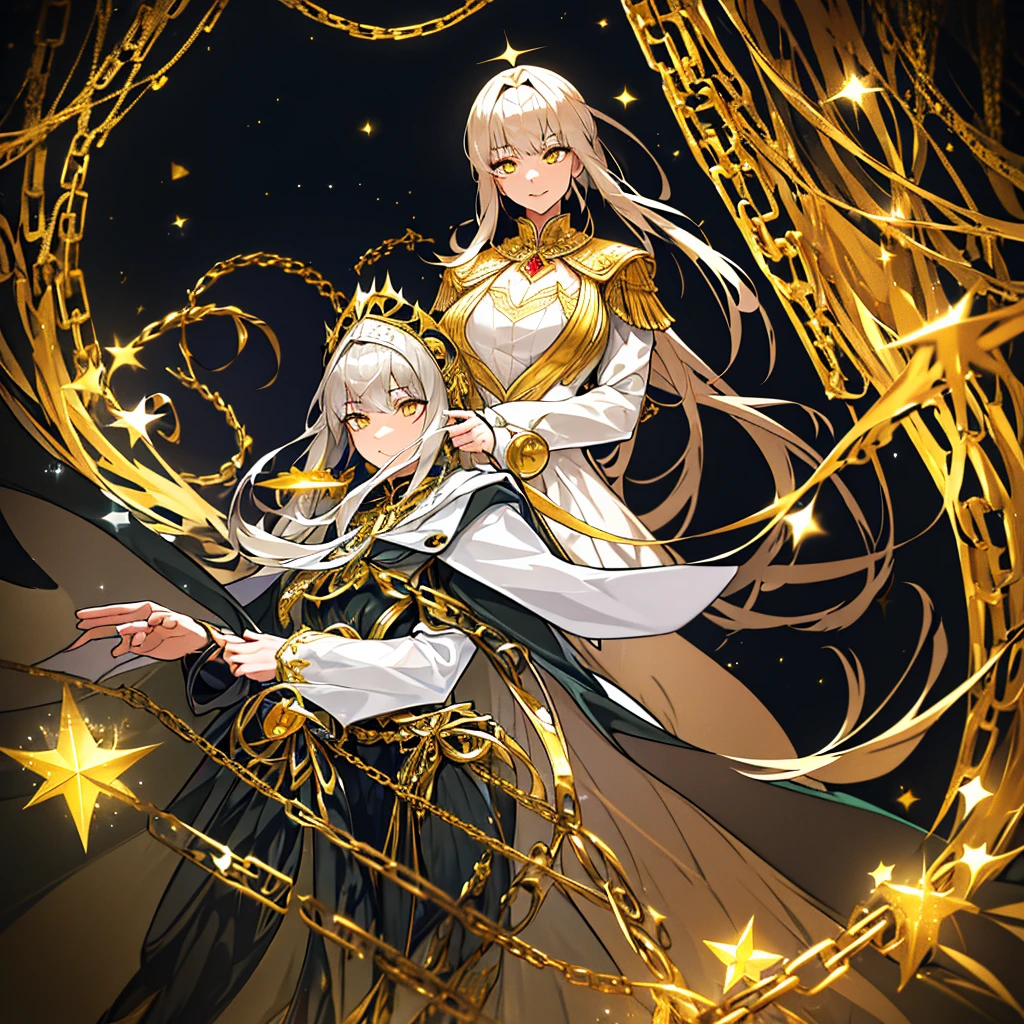 hikari, an attractive young woman with medium-length grayish-white hair and vibrant dark green eyes, is 20 years old, co 1,85 meters tall and weighs 75 kilos. The character is adorned in an elaborate costume adorned with white tones and red accents., golden and dark. The costume includes a voluminous dress with layered skirts, intricate golden patterns and star motifs. Highlights include a high-collar hooded cape with gold embellishments framing the face. The hood of the cape forms a halo-like structure embellished with stars above the head. Accessories such as chains, Star-shaped pendants and ornaments enhance the majestic and mystical aesthetic of the anime-style set. Add a designer with a night sky and mysterious chapel in the background.