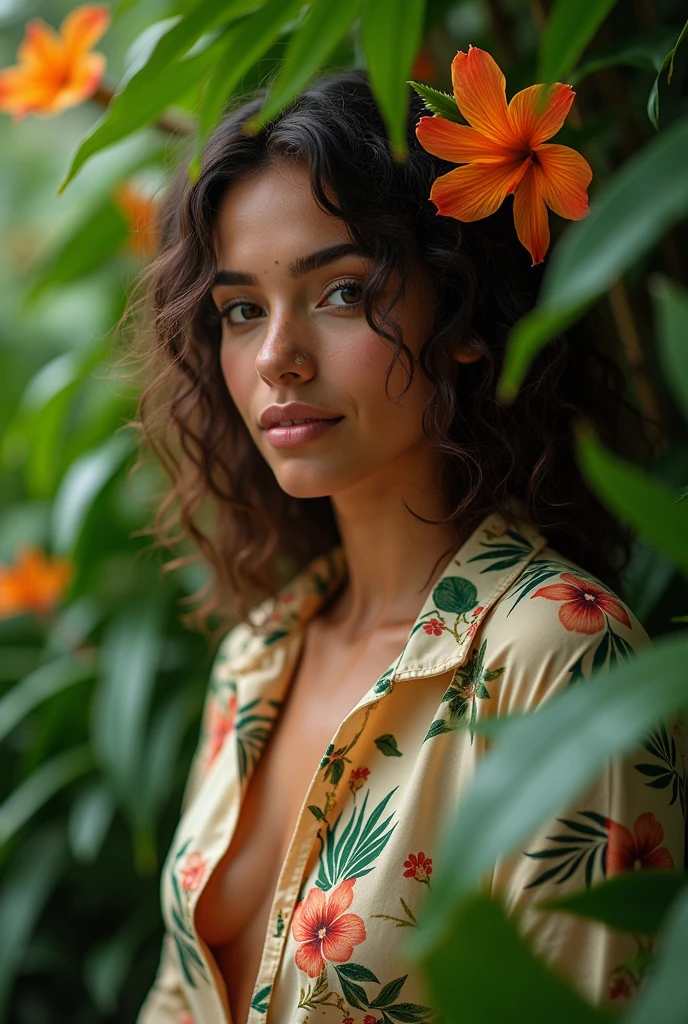 A Brazilian woman in a lush tropical garden, wearing an open shirt with a floral print, with a close-up capturing the harmonious beauty between her breasts and the natural flowers, showing off your natural charm and outgoing personality.