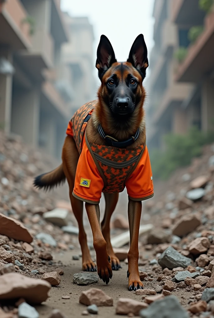 A Belgian Malinois Shepherd Dog, wearing a fire department military uniform vest with the flag of the state of Rio de Janeiro , the uniform is orange with pixelated brown camouflage throughout the uniform, This dog is sitting in the middle of the rubble of a building collapse, the dog acts in the search for people