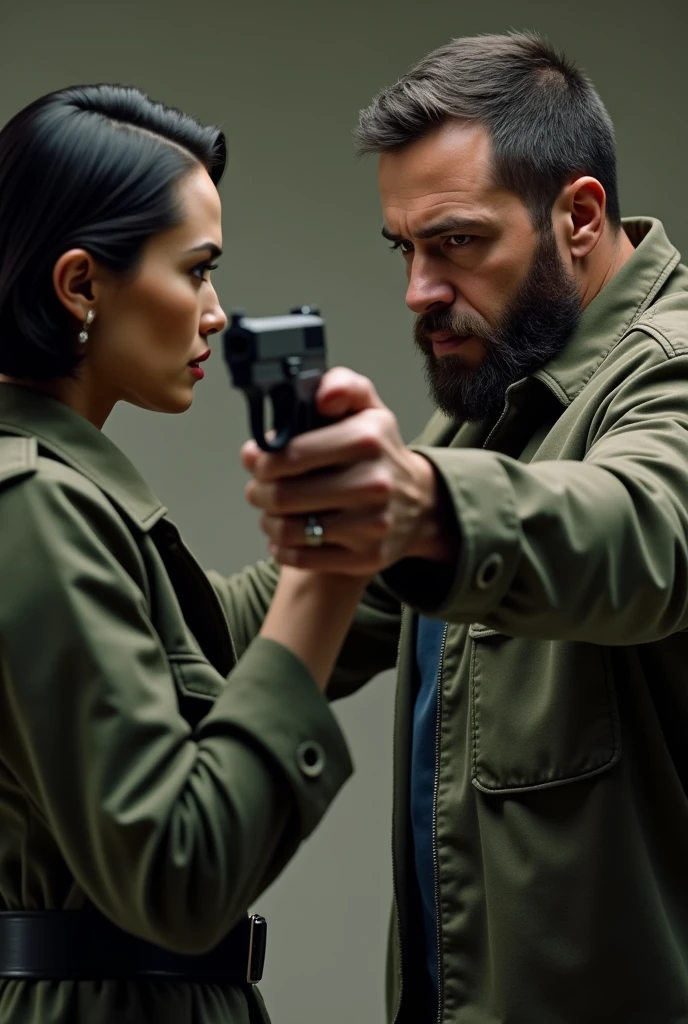 MEGAN FOX IN MILITARY UNIFORM, AND A GUN IN HAND POINTED AT A TALL WHITE MAN NEXT TO HIM TEACHING HIM HOW TO SHOOT , THE MAN HAS A LIGHT BEARD AND STRONG HANDS