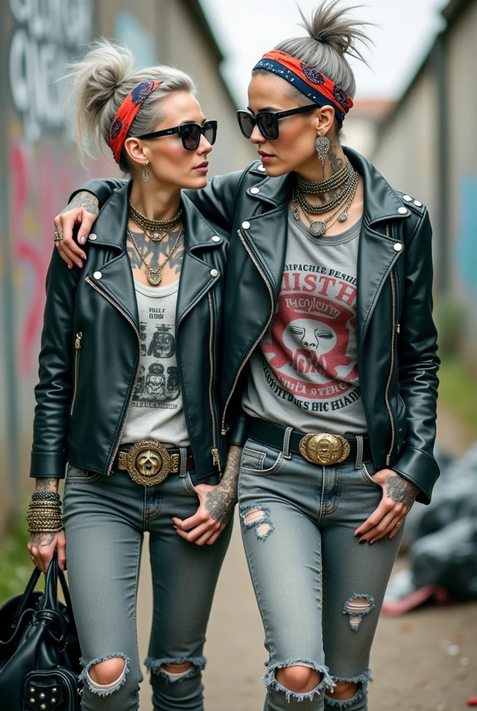 Two russian milf women, the taller one with the arm over the shoulder of the smaller one, seducing her. grey hair (one: bouffant, top bun. The other, straight and middle part}and one wearing oversized square sunglasses and wide colourful bandana as headband), with very light green eyes, extremely pale. Big lips. No tan. Wearing aged black moto jacket (zippers on the side, skull and bones pins). Both: old worn dark grey t-shirt with witchcraft logos. Both,, dark skinny low rise grey jeans with holes on knees ( patched with colourful fabric). Both:, dark grey worn jeans {with holes on knees) tucked in black leather knee high boots. . Lots of thick wide studded bracelets, chain collars and big rings. Both, high boots. Tacky wide studded leather belt with big skull and bones oval buckle. Long earrings with chains and feathers. Walking with hands in pockets, stretching her neck, craving., Neck, chest, stomach and wrists heavily tattoed. Toned abdominals, thin neck, slim legs and thin arms. Narrow hips and slim legs. Black leather studded tote bags. Graffitied wall behind, waste on the groun and piled garbage bags around.