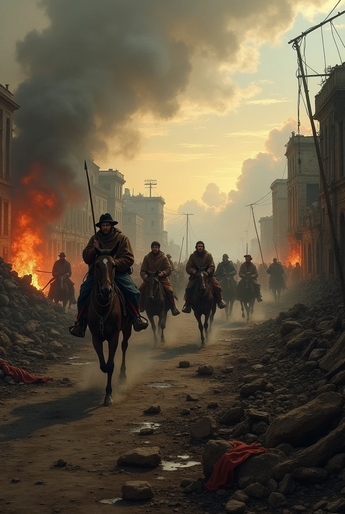 anus: 1837, local: interior of Bahia, Revolt of the Sabinadas, the place is completely destroyed and on fire, men on horses are running, the sky is overcast and dawn is breaking