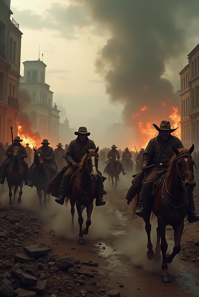 anus: 1837, local: interior of Bahia, Revolt of the Sabinadas, the place is completely destroyed and on fire, men on horses are running, the sky is overcast and dawn is breaking