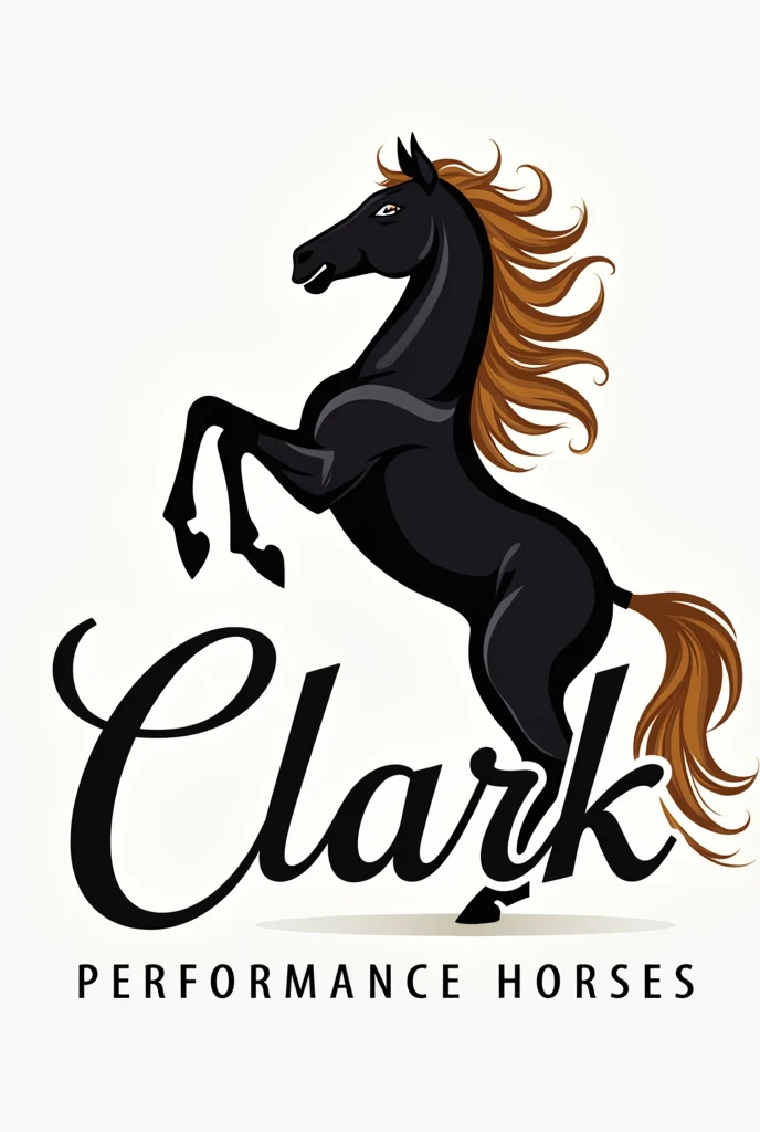 "Design a stunning, eye-catching logo for 'Clark Performance Horses' with no background. The logo should feature a dynamic, artistic silhouette of a horse in motion, such as rearing up or galloping, with flowing details in the mane and tail to convey grace and power. Subtly integrate elements of horse training, like a stylized horseshoe or rider’s whip, within the design. Use elegant, custom serif or script typography for 'Clark,' paired with bold, modern sans-serif for 'Performance Horses.' Include a monogram 'C' or 'CP' intertwined with the horse silhouette for a unique touch. Opt for a color palette of deep metallic tones like gold, silver, or copper with gradients to create depth. Ensure the logo is compact, visually striking, and versatile for various uses with a transparent background."