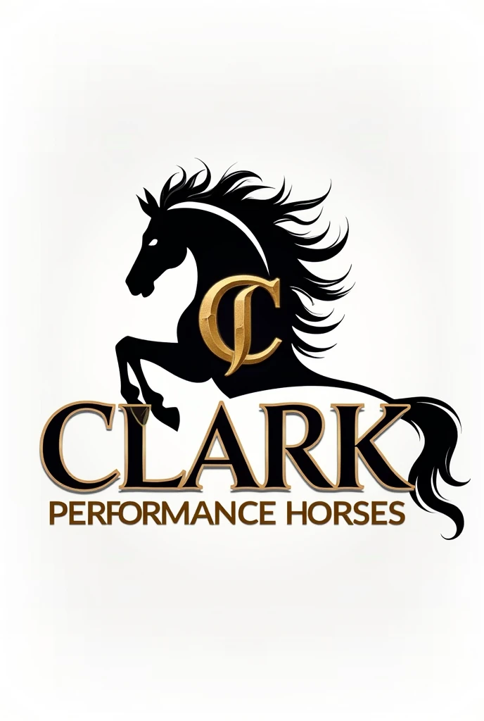 "Design a stunning, eye-catching logo for 'Clark Performance Horses' with no background. The logo should feature a dynamic, artistic silhouette of a horse in motion, such as rearing up or galloping, with flowing details in the mane and tail to convey grace and power. Subtly integrate elements of horse training, like a stylized horseshoe or rider’s whip, within the design. Use elegant, custom serif or script typography for 'Clark,' paired with bold, modern sans-serif for 'Performance Horses.' Include a monogram 'C' or 'CP' intertwined with the horse silhouette for a unique touch. Opt for a color palette of deep metallic tones like gold, silver, or copper with gradients to create depth. Ensure the logo is compact, visually striking, and versatile for various uses with a transparent background."