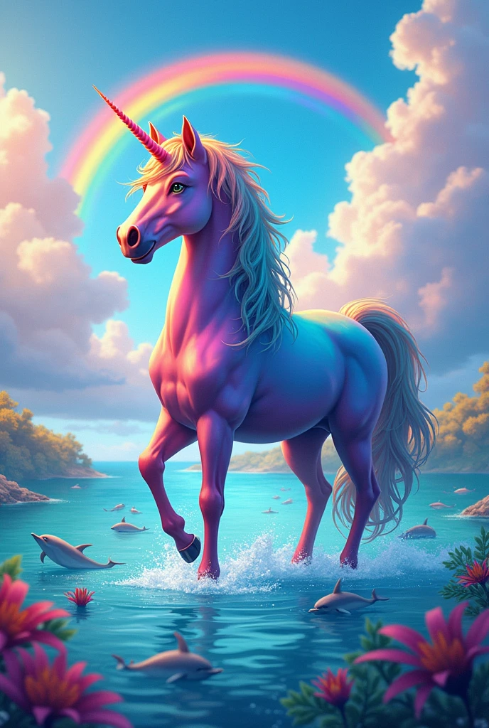 A realistic colorful unicorn with floating dolphins, a sea and a rainbow and clouds everywhere, Let everything be colorful, that the unicorn is very colorful or that the place is too