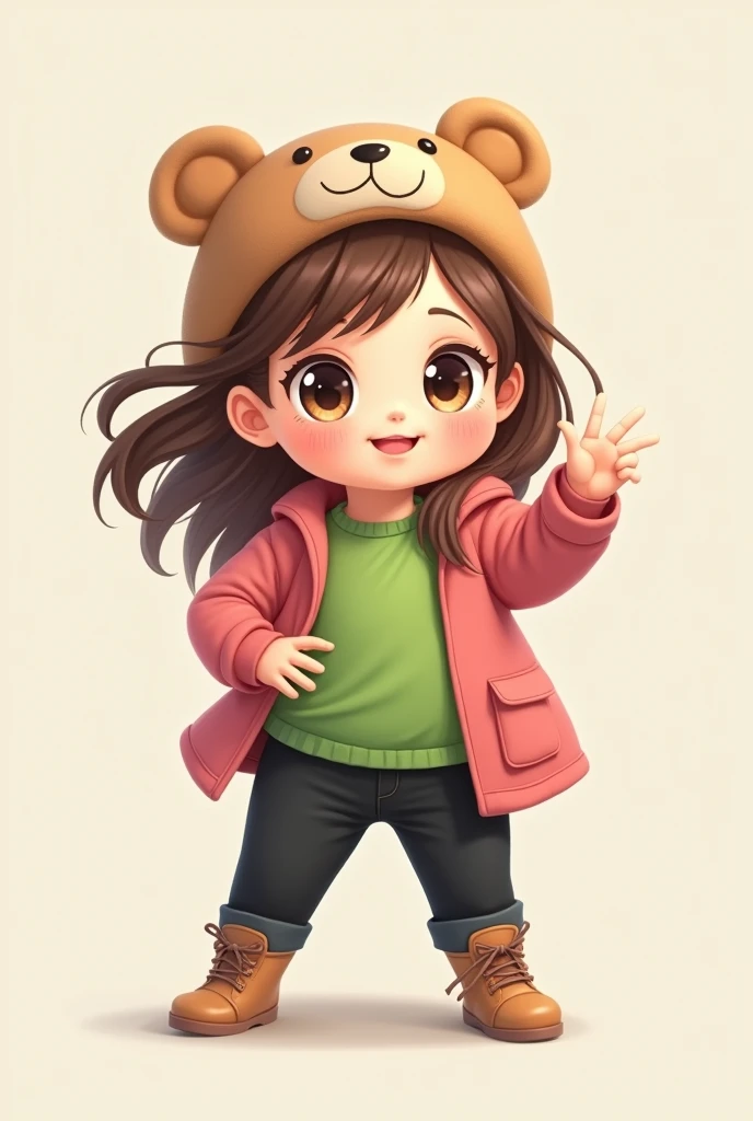 child with long brown blond hair green clothes making a cute pose with one hand on the waist and the other making a v black pants pink coat and hat with bear ears Valentina