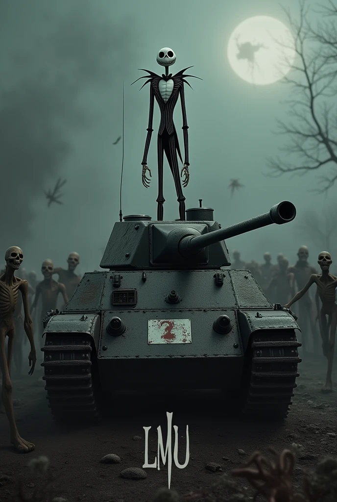 Jack Skellington in a tank surrounded by zombies from the game last war. With italic letters LMU in the lower right corner