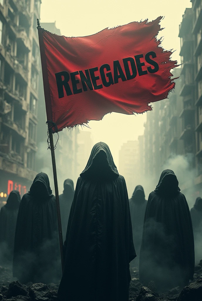 A dystopian urban setting, with buildings destroyed and smoke hanging in the air. Em primeiro plano, a group of hooded figures, with determined expressions, is standing in front of a large torn flag of the oppressive regime. The title "renegades" appears in bold, worn letters, superimposed on a dramatic light strip.