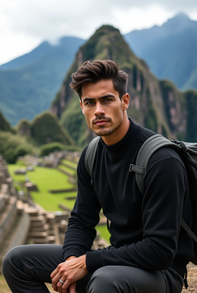 (photorealism:1.2), (8k), (high quality) (detailed), (photorealism:1.2), (8k) (detailed) (Whole body)(man) facial features: Square face with a marked jaw, prominent cheekbones and thick, dark eyebrows. Adds youth to your appearance.hair: hair oscuro, usually combed back or styled slightly tousled, which can vary between short and medium.eyes: eyes verdes oscuros, with a penetrating look that expresses confidence, with cross-shaped hoops on each side.Complexion: slim and well defined. Height 1.80, which gives it an imposing presence.style: Your style of dress: chompa negra, cotton pants and a backpack.Skin tone: Skin tone bronceado, typical of the Mediterranean.Expression: He usually has a serious or concentrated expression., Although he can display a charming and confident smile.(sitting behind Machi Pichu).