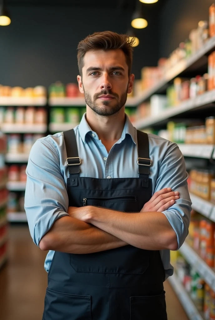 Image of a man with his arms crossed, as if he were a supermarket stocker, skin fair, make it as realistic as possible leave the character aside