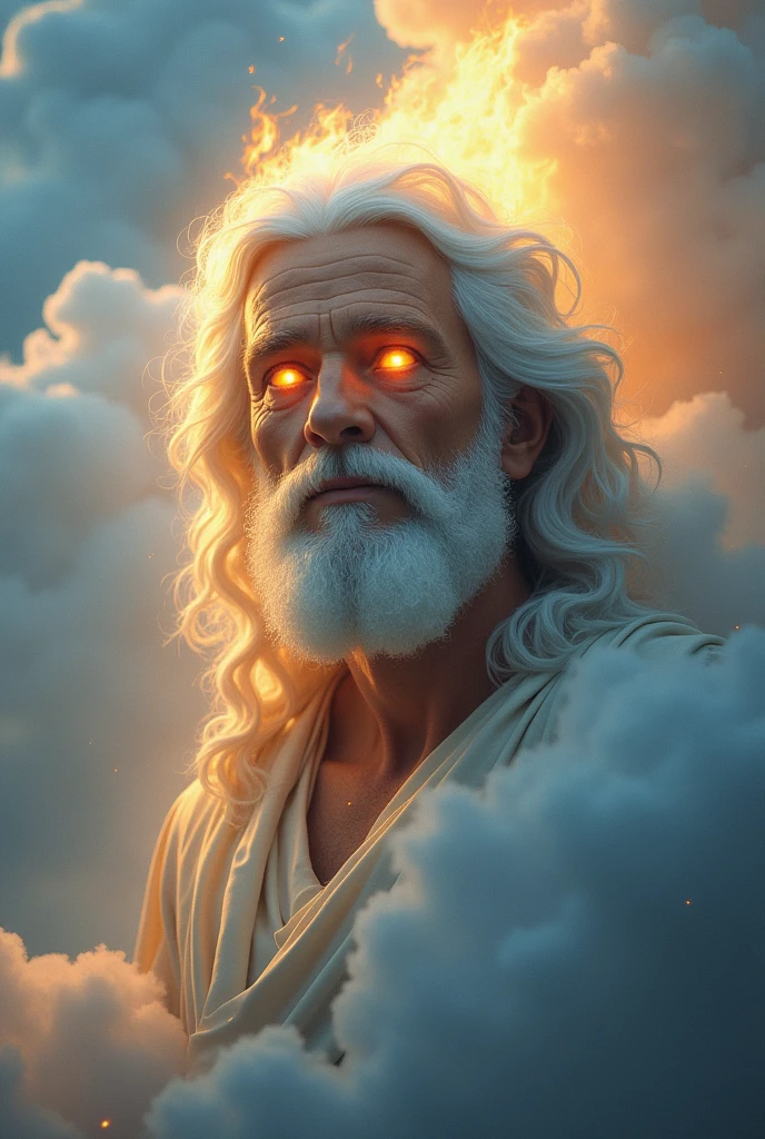 Jesus with burning eyes and snow-white hair above the clouds