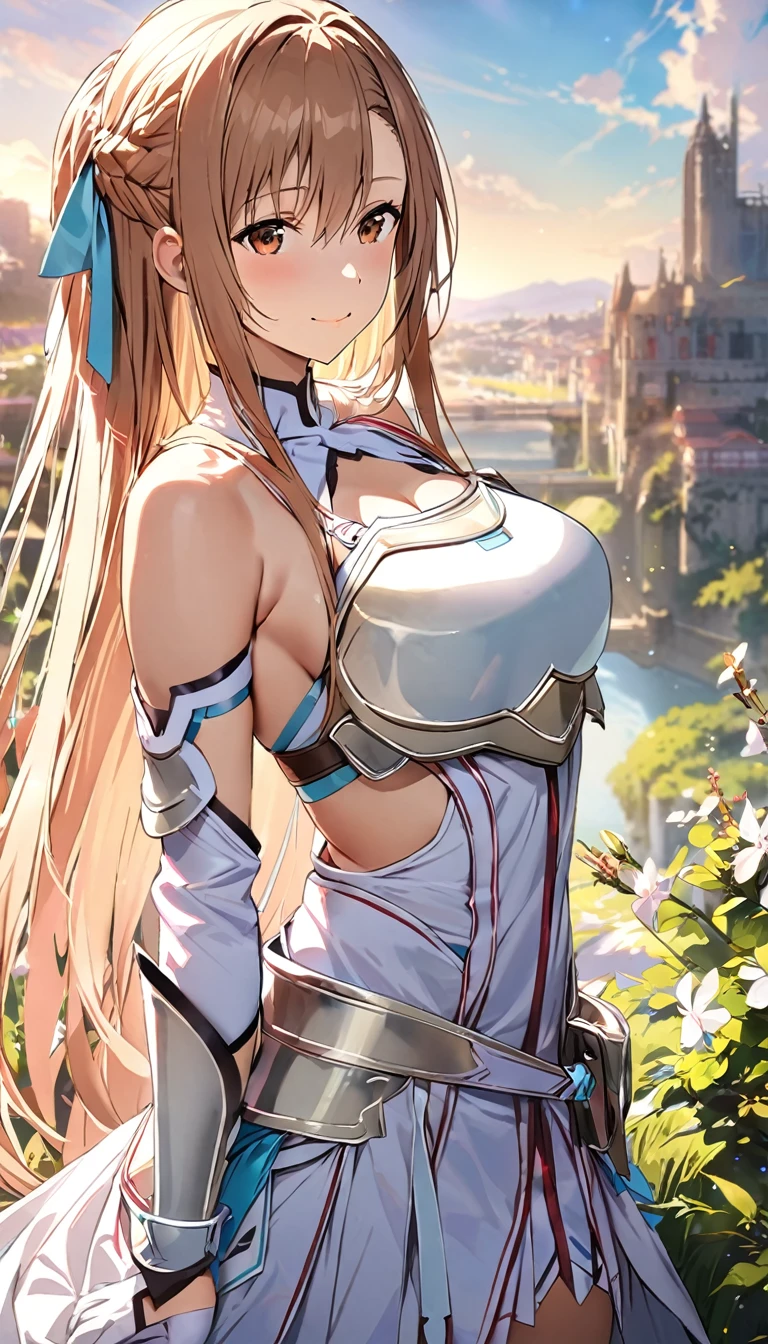 ((masterpiece)), Highest quality, Very detailed,(One Girl),Yuki Asuna、Asuna (stay), brown eyes, bare shoulders, breastplate, armor, detached sleeves, gloves, white gloves, dress, (red and white dress), Long Hair, Beautiful background ,Clothing,  chest, 