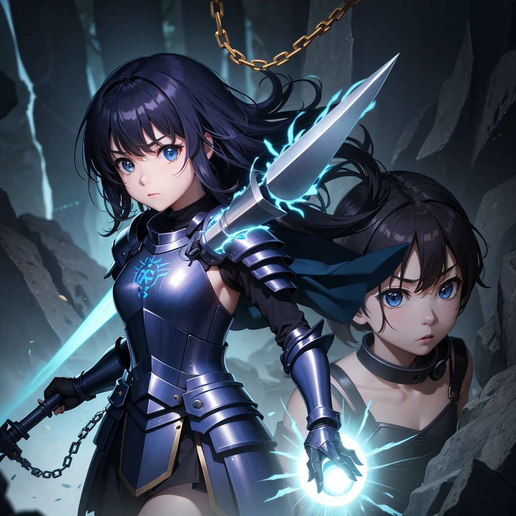 最high quality、high quality、Simple Cloth Armor、10Year-old girl adventurer、Equipped with a weapon that has a short chain at the end of a stick and a spiked iron ball at the end of the chain、In a dark maze、Blue-colored armor