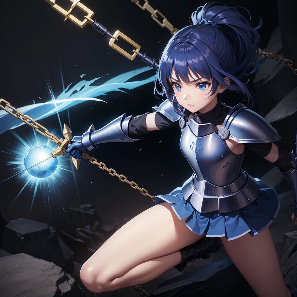 最high quality、high quality、Simple Cloth Armor、10Year-old girl adventurer、Equipped with a weapon that has a short chain at the end of a stick and a spiked iron ball at the end of the chain、In a dark maze、Blue-colored armor
