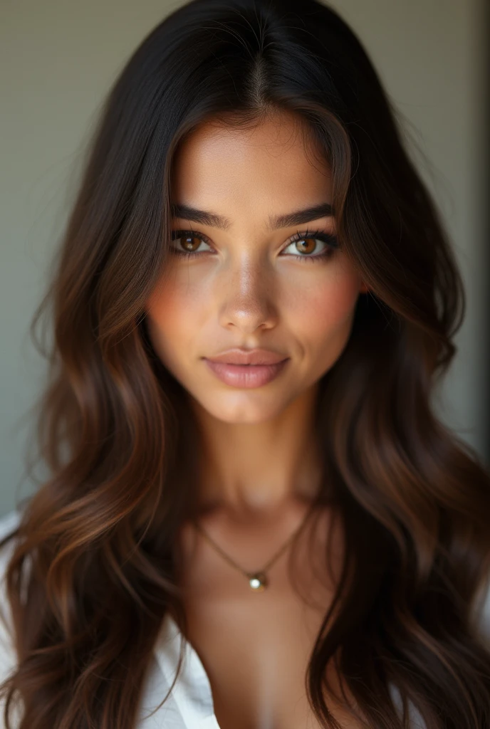 Superbe fille de 20 ans, avec des cheveux lisses, Poil long, cheveux bruns, yeux marrons, métis, , de face, avec lumière, regardant en face, photo identité