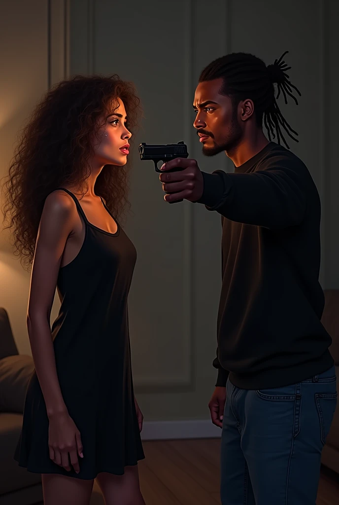 A beautiful black american girl, age 25, bright orange eyes, long brown curly hair, wearing a simple black dress, and a black american guy, age 25, dreadlock hairstyle, wearing a black sweater and jeans, angrily pointing a gun at her in the living room at night. She is looking terrified and shocked in tears. They are both tensed and he is furious
