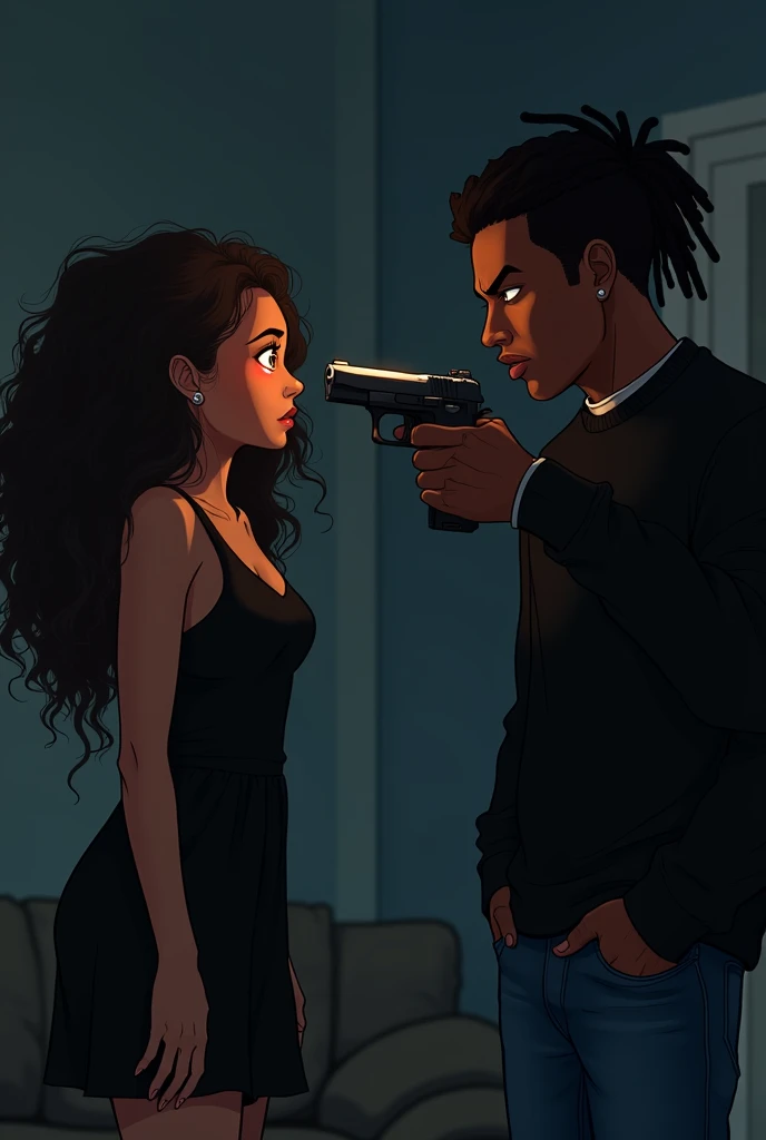 A beautiful black american girl, age 25, bright orange eyes, long brown curly hair, wearing a simple black dress, and a black american guy, age 25, dreadlock hairstyle, wearing a black sweater and jeans, angrily pointing a gun at her in the living room at night. She is looking terrified and shocked in tears. They are both tensed and he is furious