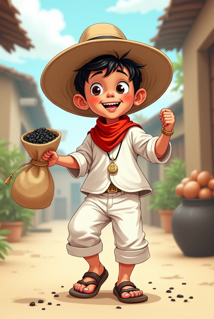 Cartoon drawing of a male child in a typical white raw cloth suit and white pants and jute sandals and a small bag of charcoal from El Salvador dancing and a hat and a small bag of charcoal and a scapular and a red scarf around his neck 