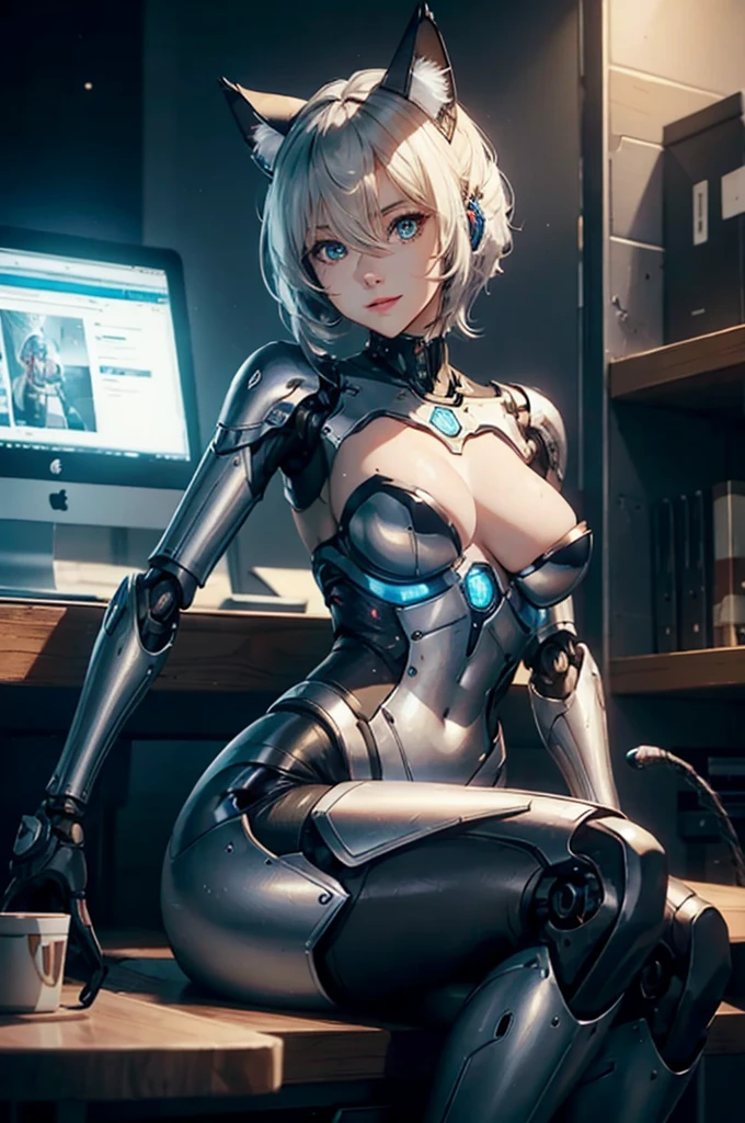 A female robot taking a break in the office normal body Sitting in a chair There is coffee on the table., light smile, UHD, retina, masterpiece, ccurate, anatomically correct, textured skin, a mechanical tail, mechanical cat ears, super detail, high details, high quality, award winning, best quality, highres