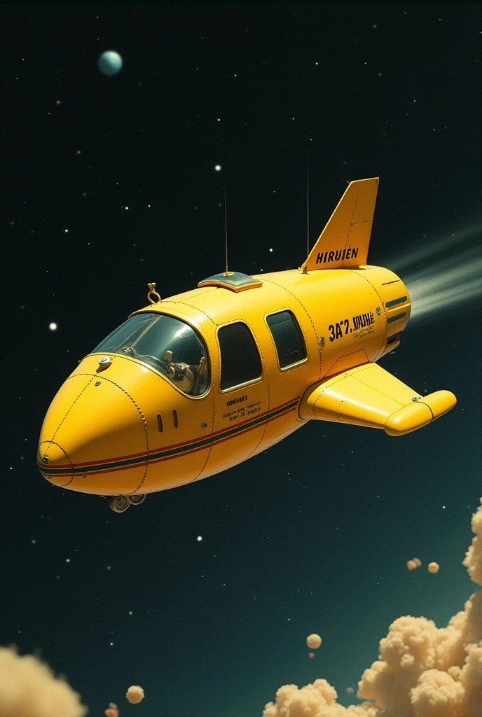 A small yellow capsule-type spaceship,1969s Design,Spaceships don't have wings,Riveted surface,There is writing on it,There are no windows.,Has a hook,Spaceship background in space,There is landing gear and it can land.,