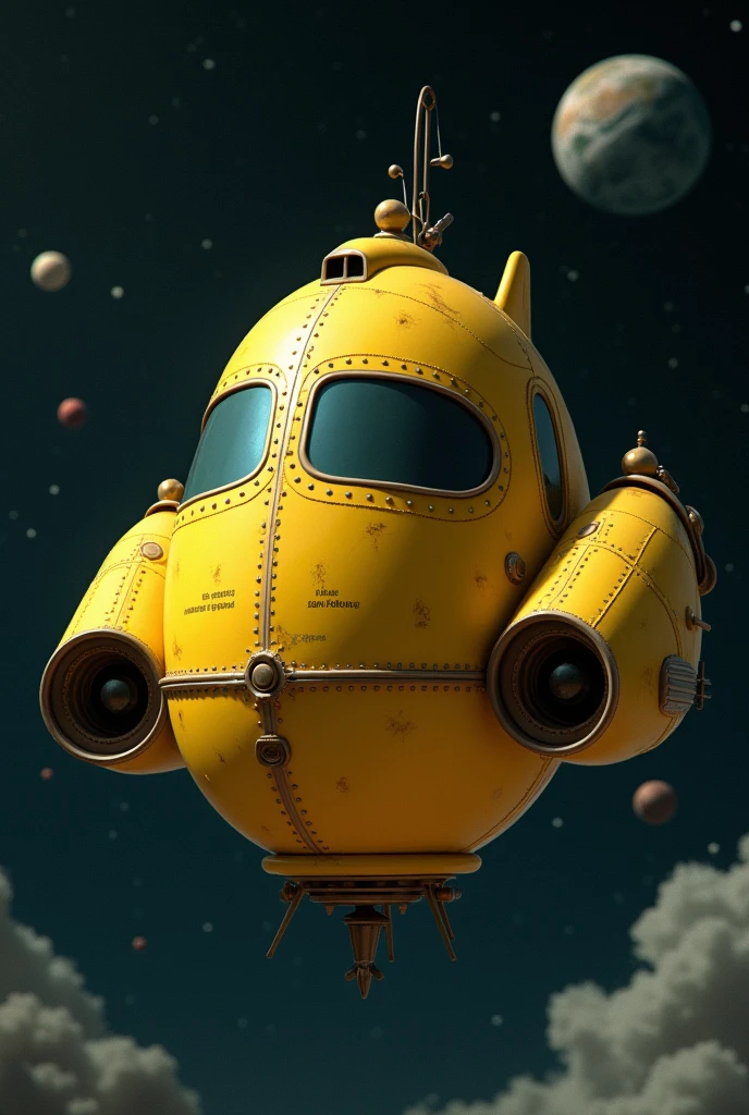 A small yellow capsule-type spaceship,1969s Design,Spaceships don&#39;t have wings,Riveted surface,There is writing on it,There are no windows.,Has a hook,Spaceship background in space,There is landing gear and it can land.,