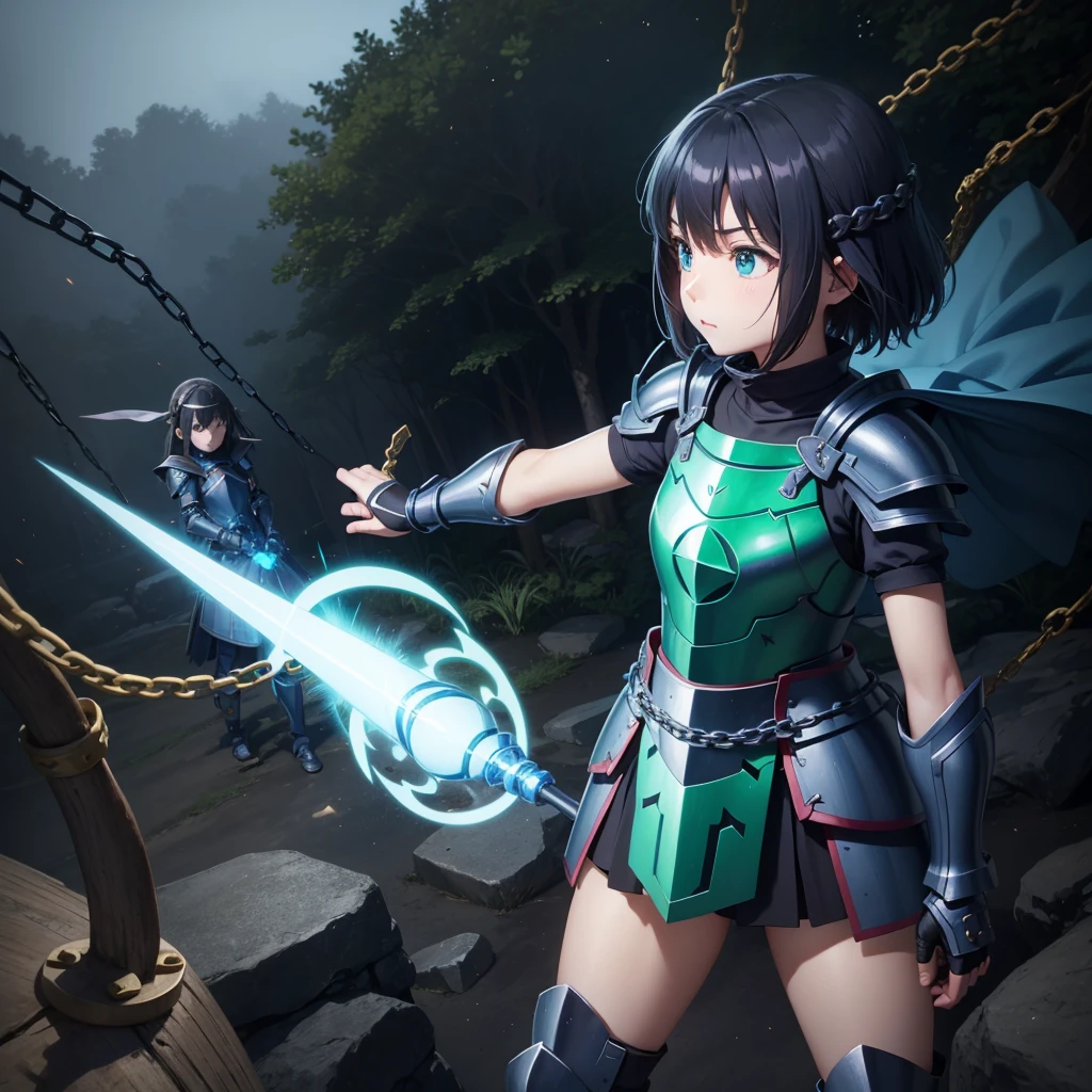 最high quality、high quality、Simple Cloth Armor、１０Year-old girl adventurer、Equipped with a weapon that has a short chain at the end of a stick and a spiked iron ball at the end of the chain、In a dark maze、Green and blue armor