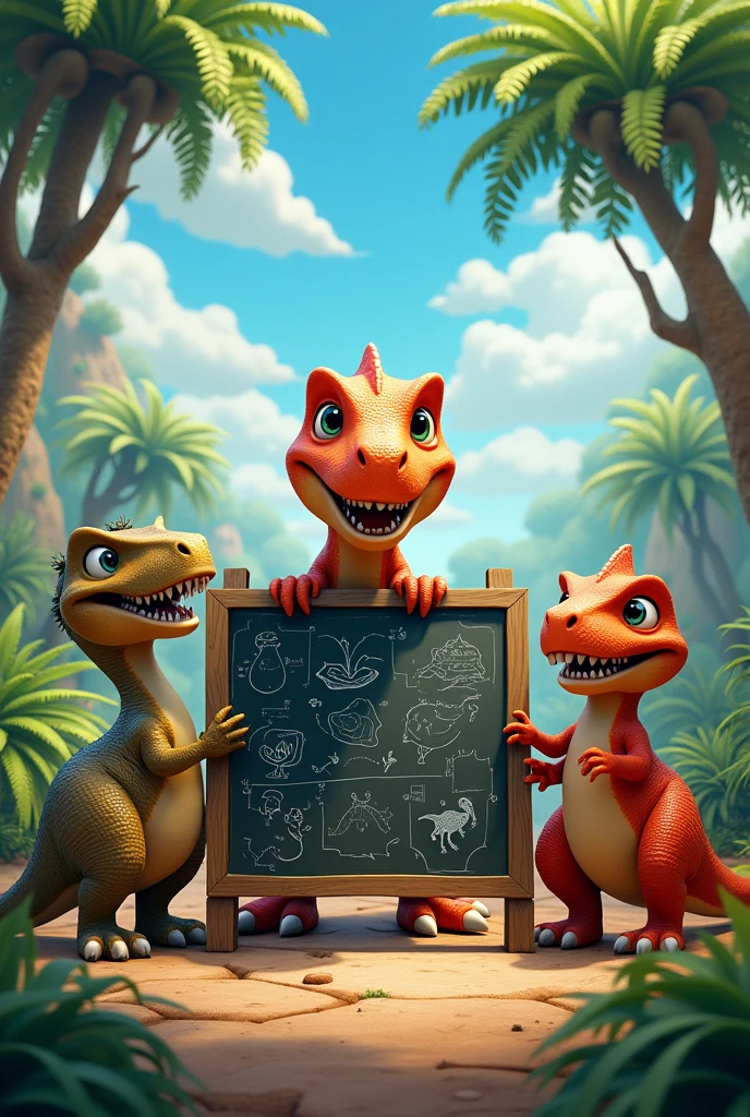 Animated dinosaurs holding a blackboard 