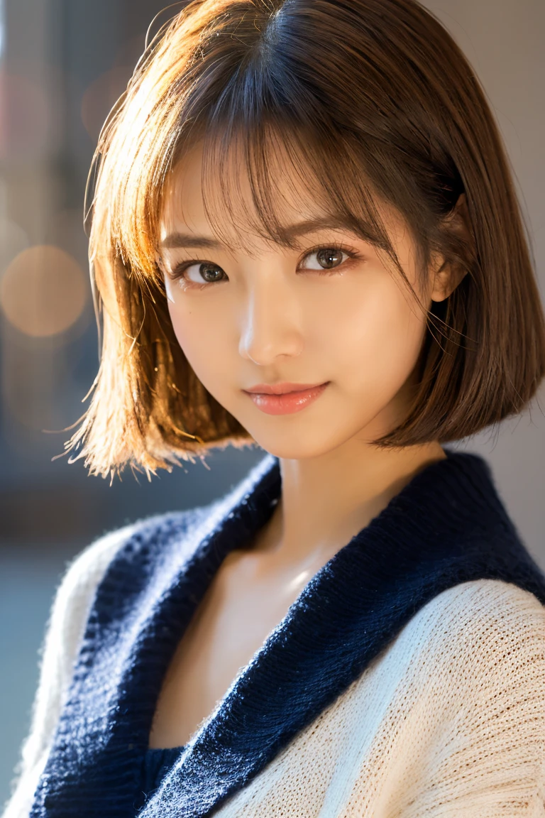 (masterpiece:1.3), (8K, Photoreal, Raw photo, best image quality: 1.4), Japanese high school girl、(random hairstyle:1.2)、cleavage:1.2、super detail face、eye for details、double eyelid、chest to chest、sharp focus:1.2、Beautiful woman:1.4、light brown hair、highest quality、masterpiece、Super high resolution、(Photoreal:1.4)、Highly detailed and professionally lit smiles、loose and light knitwear、shoulder out、thin、serious expression、short haired、deadly position