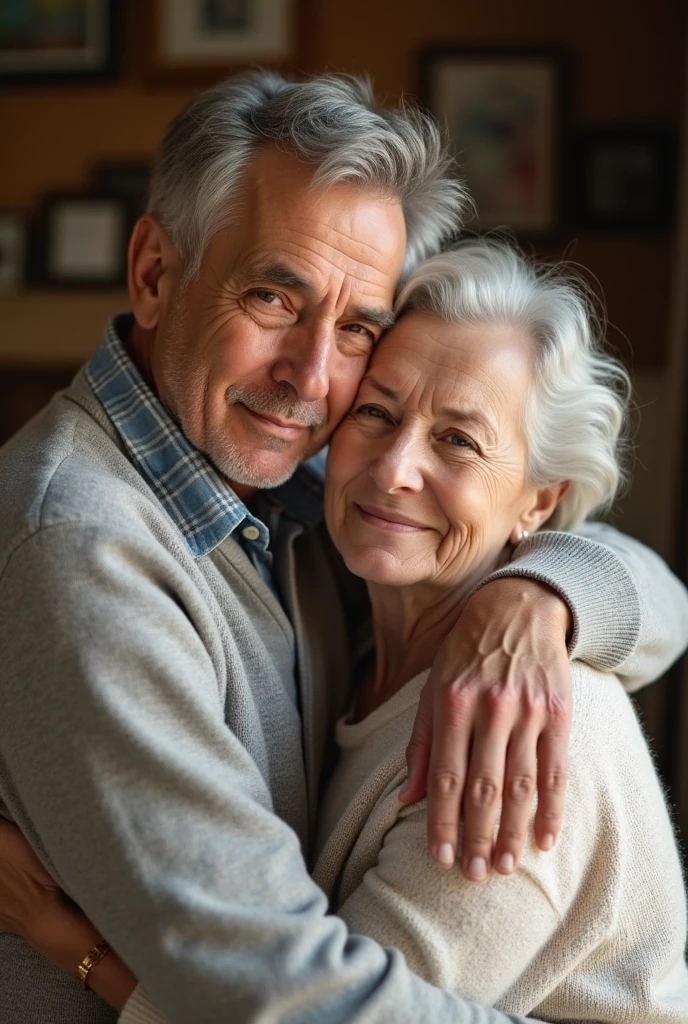 A photo of a husband and wife in their 50s hugging