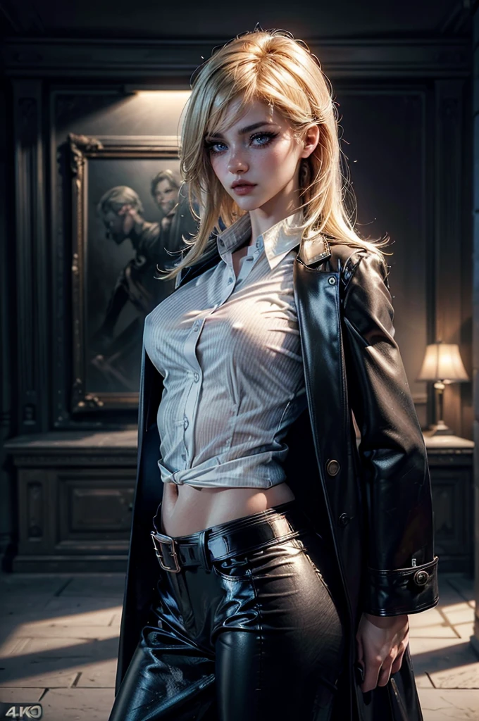 cowboy shot,a pretty 2 girl,blond hair,blue eyes,lora_Emma,slim athletic body,tight and stretched white blouse with buttons,button gap,short sleeves,ultra low rise black shiny latex pants,(double metal belt),empty studiobackground,((black coat on shoulders)),(best quality,4k,8k,highres,masterpiece:1.2),ultra-detailed,(realistic,photorealistic,photo-realistic:1.37),dramatic lighting,cinematic,fashion photography,studio lighting,high contrast,vivid colors,beautiful detailed eyes,beautiful detailed lips,extremely detailed eyes and face,long eyelashes, touching hair