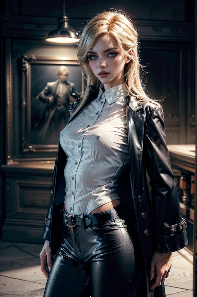 cowboy shot,a pretty 2 girl,blond hair,blue eyes,lora_Emma,slim athletic body,tight and stretched white blouse with buttons,button gap,short sleeves,ultra low rise black shiny latex pants,(double metal belt),empty studiobackground,((black coat on shoulders)),(best quality,4k,8k,highres,masterpiece:1.2),ultra-detailed,(realistic,photorealistic,photo-realistic:1.37),dramatic lighting,cinematic,fashion photography,studio lighting,high contrast,vivid colors,beautiful detailed eyes,beautiful detailed lips,extremely detailed eyes and face,long eyelashes, touching hair