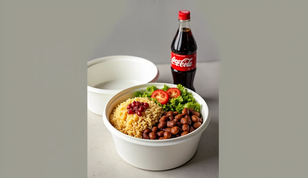 create an image of Brazilian homemade food, rice, beans, salad and meat in a round white Styrofoam thermal lunch box, next to a 250ml plastic bottle of Coca-Cola also highlighted in the image. use professional photos of food commercials as reference and framing for ifood.