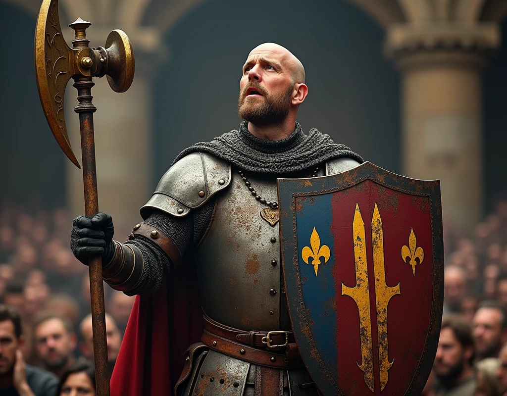 A depicting a man, singer, singing, holding a one-handed mace, and a shield with blue and red coat of arms thin vertical yellow sword painted upwards between 2lily flowers, damaged by fighting. medieval battered chain mail, bald, gloves, very battle-damaged. He's on stage in medieval castle, the crowd, the musical notes, with the words "Pépin" written in large golden letters in the foreground.