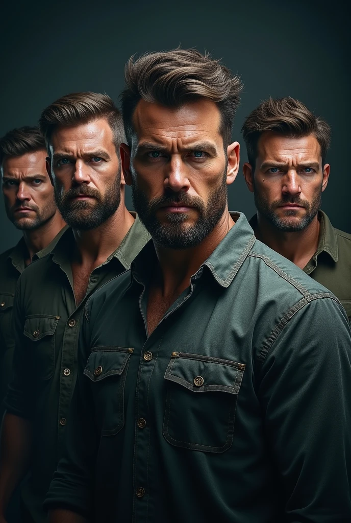 4 man with blue eyes, brownhair, intimidating look 