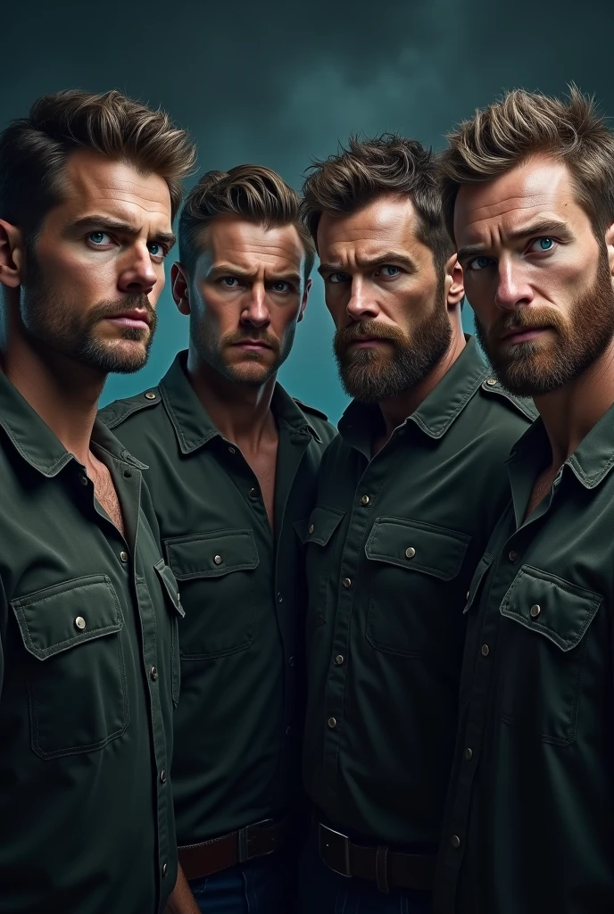 4 man with blue eyes, brownhair, intimidating look 