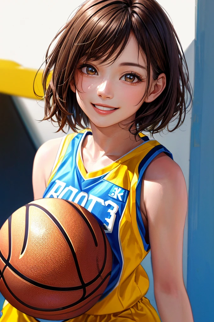 (((Highest quality、8k、32K、masterpiece)))、(Realistic)、(Photorealistic:1.2)、(High resolution)、Very detailed、Very beautiful face and eyes、1 person、Round and small face、Narrow waist、Delicate body、(close、Highest quality、Attention to detail、Rich skin detail)、(Highest quality、8k、Oil paints:1.2)、Very detailed、(Realistic、Realistic:1.37)、Bright colors、(((Brown Hair)))、(((Cowboy Shot)))、(((short hair)))、(((Pure white wall background)))、(((Wearing a basketball uniform)))、(((Blue and yellow basketball outfit)))、(((smile)))、(((One female)))、(((Tank top style uniform)))