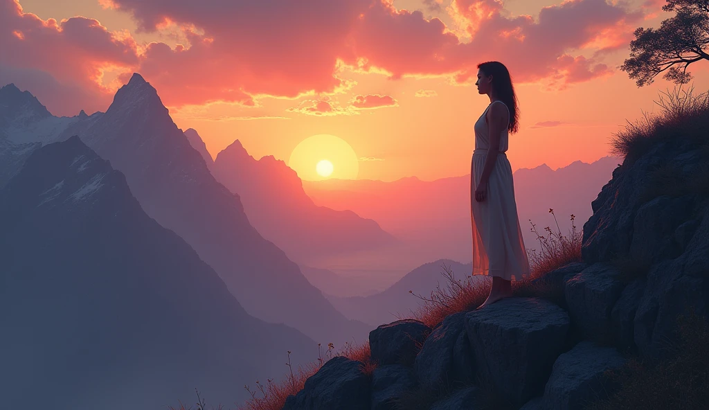 a pensive woman on a mountain at sunset