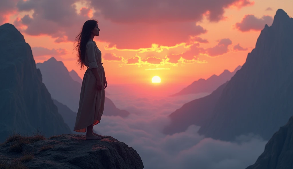 a pensive woman on a mountain at sunset