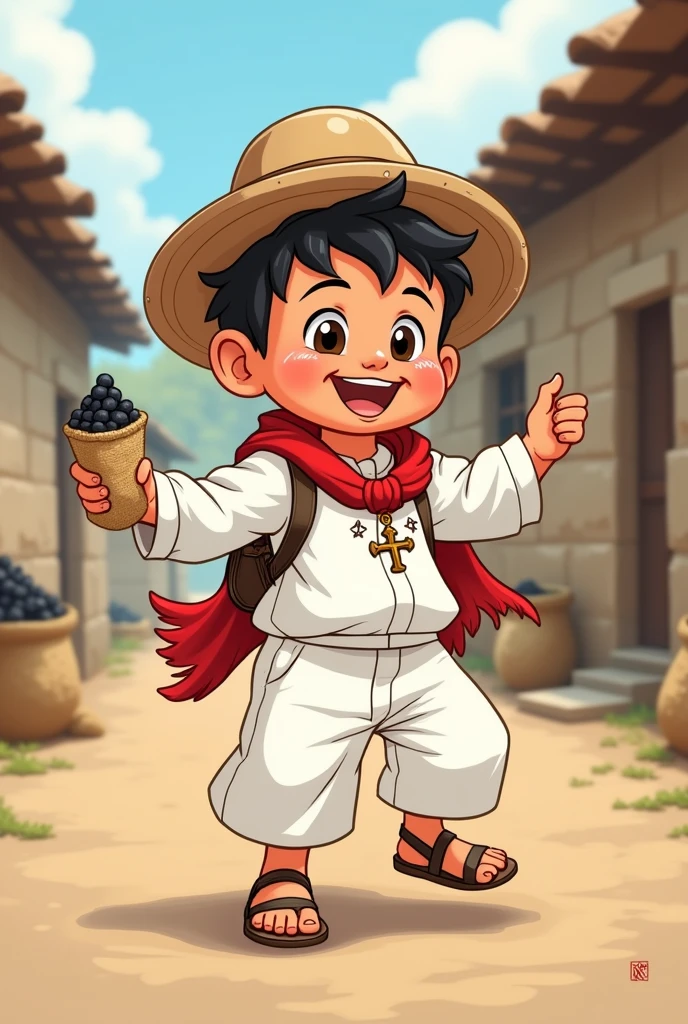 Cartoon drawing of a male child in a typical white raw cloth suit and white pants and jute sandals and a small bag of charcoal from El Salvador dancing and a hat and a small bag of charcoal and a scapular and a red scarf around his neck 