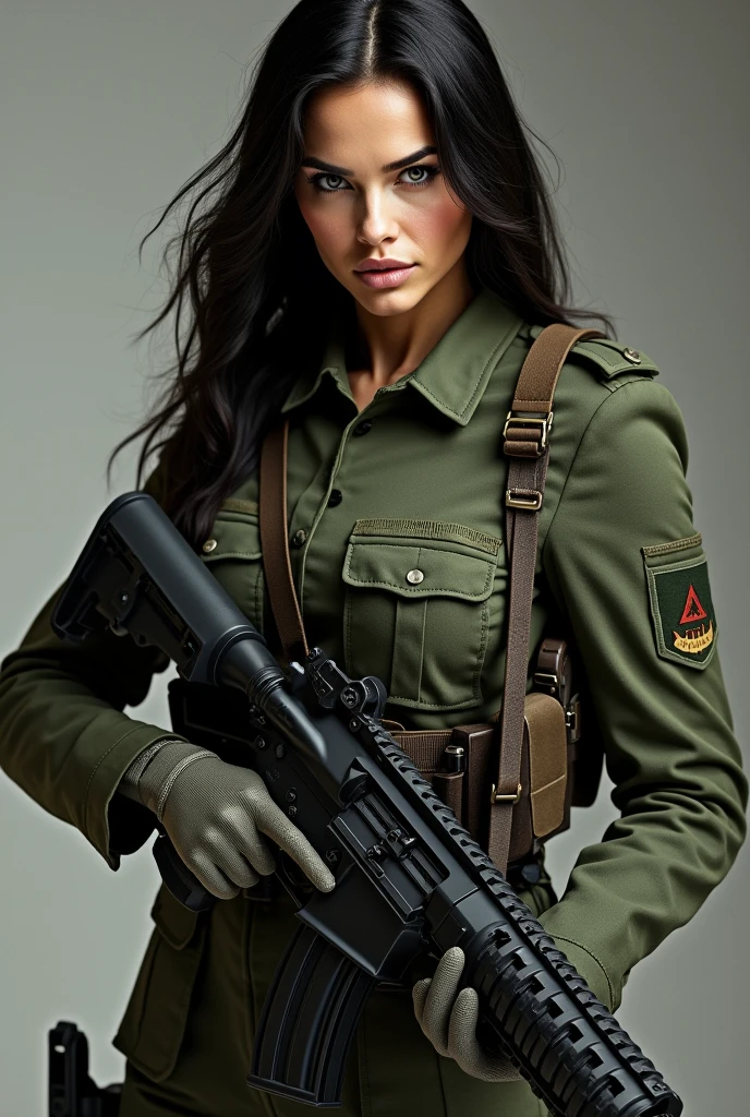 MEGAN FOX IN MILITARY UNIFORM WITH A RIFLE IN HAND